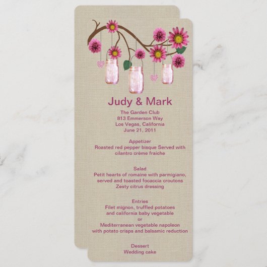 Carte de menu Burlap Rustique Rose Mason Jars (Devant / Derrière)