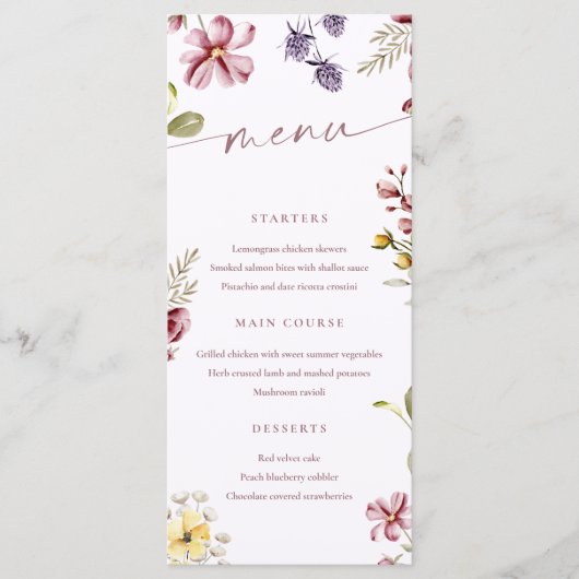 Carte de menu calligraphie fleurs sauvages (Devant)