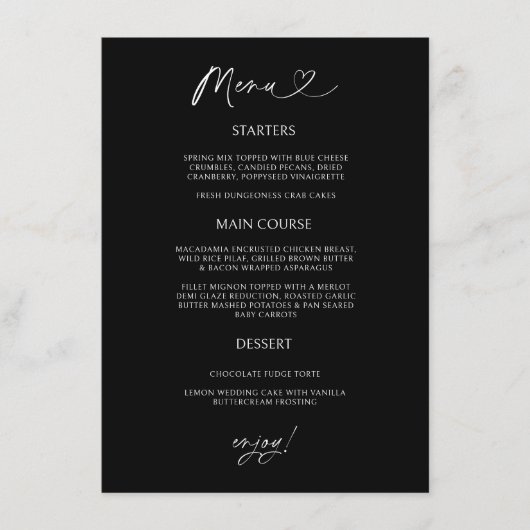 Carte de menu Chic Heart minimale pour réception d (Devant)