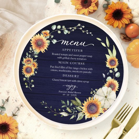 Carte de menu circulaire de fete de mariage champê