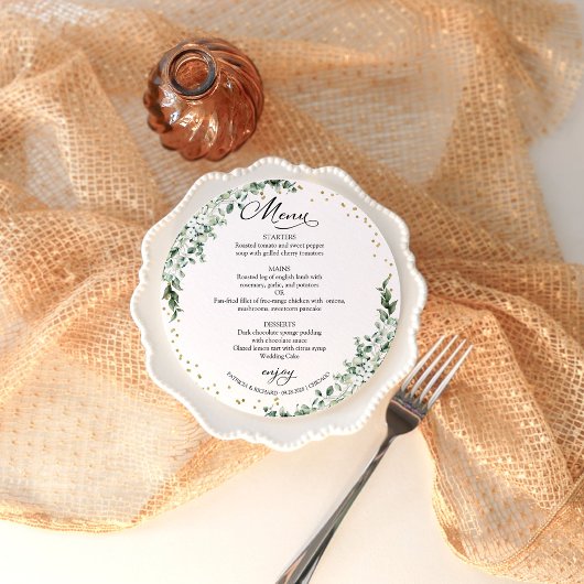 Carte de menu circulaire de mariage verdoyant