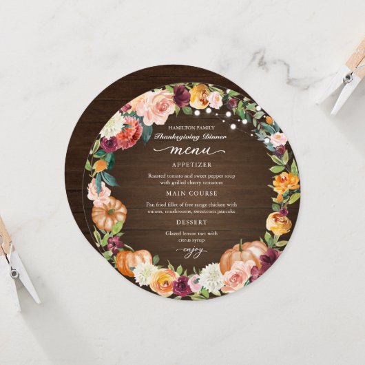 Carte de menu circulaire pour le dîner de Thanksgi (Devant/Arrière en situation)