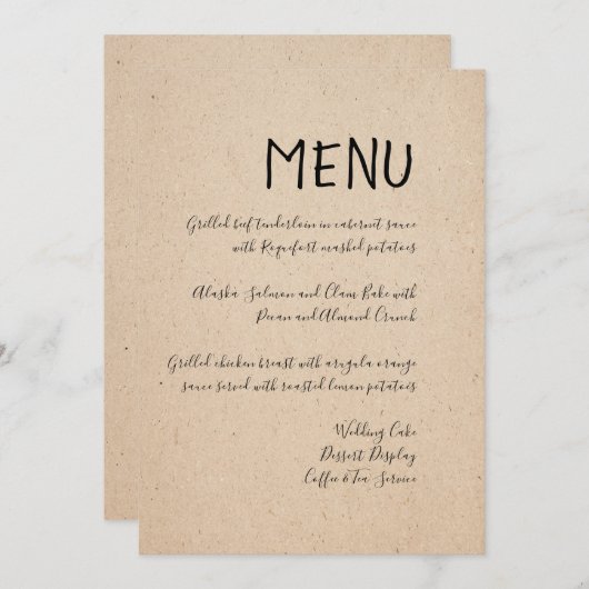 CARTE DE MENU CLASSIQUE MARIAGE ÉCRIT À LA MAIN (Devant / Derrière)