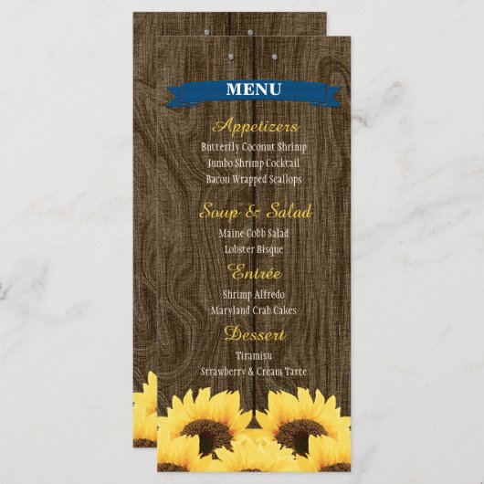 CARTE DE MENU COBALT BLEU RUSTIC SUNLOWER (Devant / Derrière)
