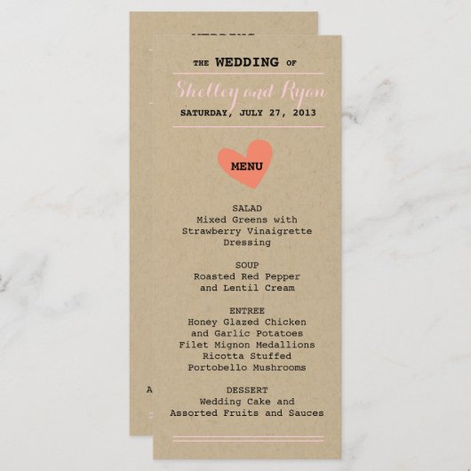 Carte de menu Coeur simple (Devant / Derrière)