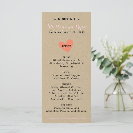 Carte de menu Coeur simple (Debout devant)