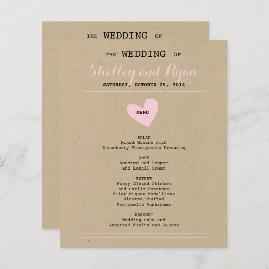 Carte de menu Coeur simple (Devant / Derrière)