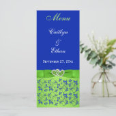 Carte de menu Coeurs, Flore Vert, Bleu (Debout devant)