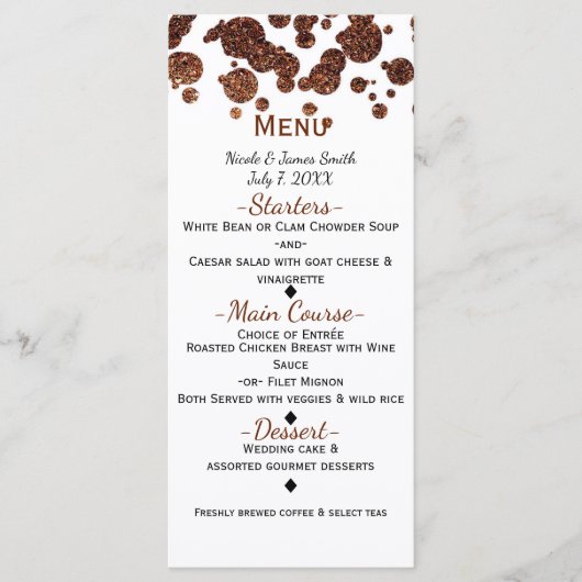 Carte de menu Confetti Glamour Moderne en Bronze C (Devant)