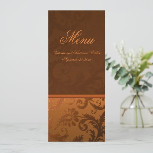 Carte de menu Copper et Mariage damassé Brown (Debout devant)