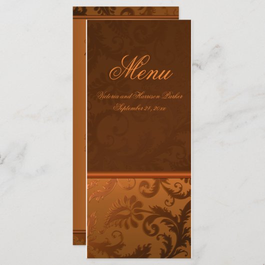 Carte de menu Copper et Mariage damassé Brown (Devant / Derrière)