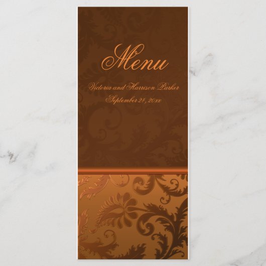 Carte de menu Copper et Mariage damassé Brown (Devant)