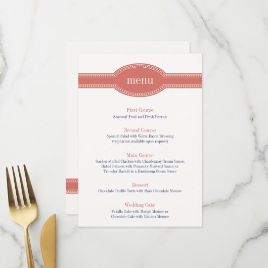 Carte de menu Coral, Collection Mariage Caroline (Devant/Arrière en situation)