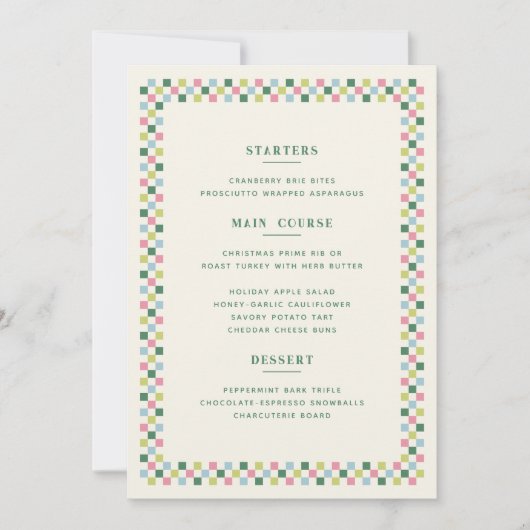 Carte de menu damier de Noël - Vert (Devant)