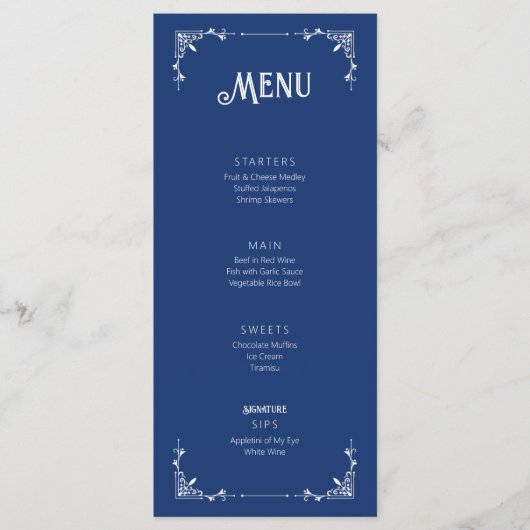 Carte de menu d'anniversaire bleu vintage à plat (Devant)