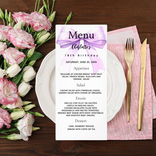 Carte de menu d'anniversaire de l'arc de lavande