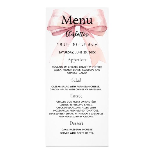 Carte de menu d'anniversaire de l'arc rose (Devant)