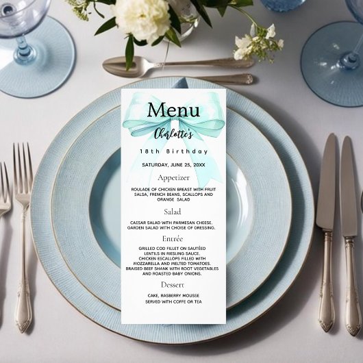 Carte de menu d'anniversaire turquoise green bow