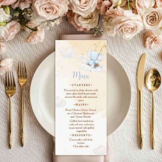 Carte de menu de Baby Shower Eléphant Bleu Nuages