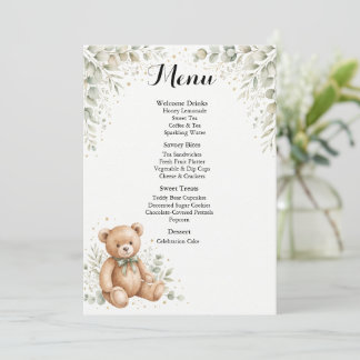 Carte de menu de Baby Shower Eucalyptus Teddy Bear