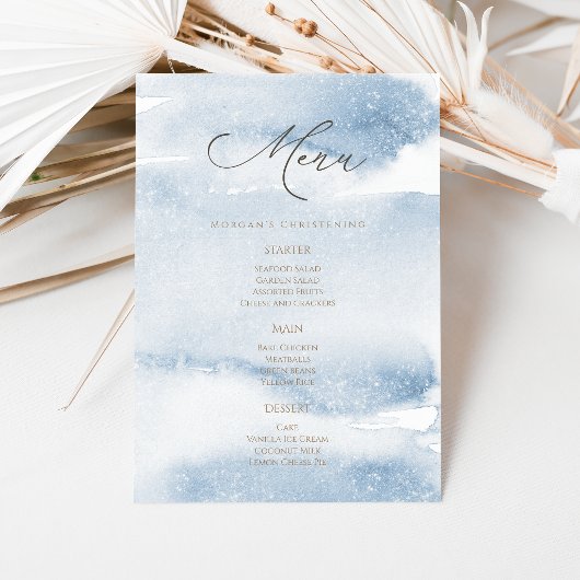 Carte de menu de baptême garçon aquarelle bleue