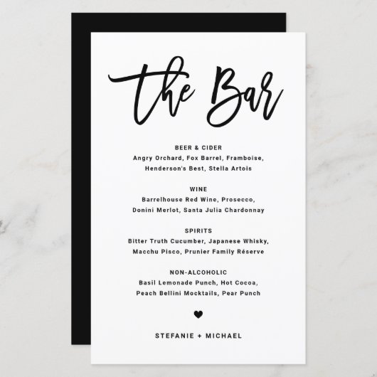 Carte de menu de bar de mariage en calligraphie mo (Devant / Derrière)