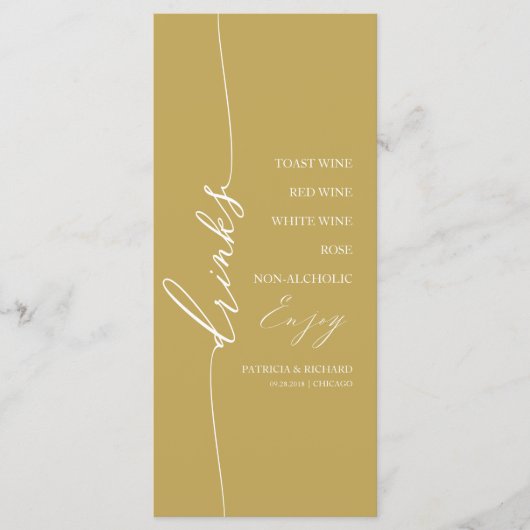 Carte de menu de boisson de mariage en or élégant (Devant)