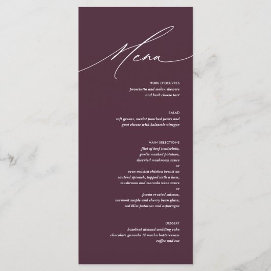 Carte de menu de cérémonie de mariage de script mo (Devant)