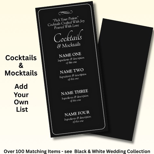Carte de menu de cocktails - Noir Blanc Infini