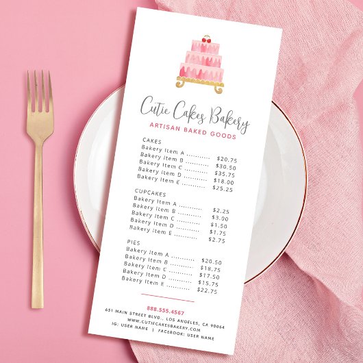 Carte de menu de dessert de gâteau aquarelle rose