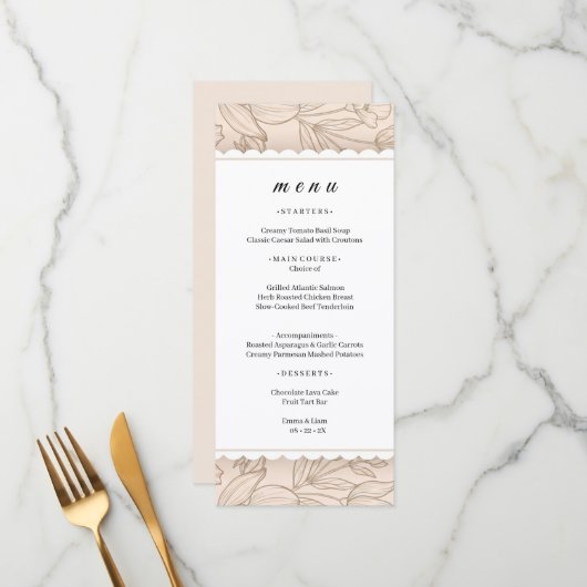 Carte de menu de dîner à bordure festonnée botaniq (Devant/Arrière en situation)