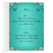 Carte de menu de dîner argent sarcelle papillon bl (Intérieur (Droit))