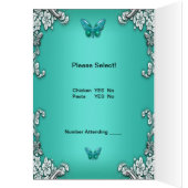 Carte de menu de dîner argent sarcelle papillon bl (Intérieur (Gauche))