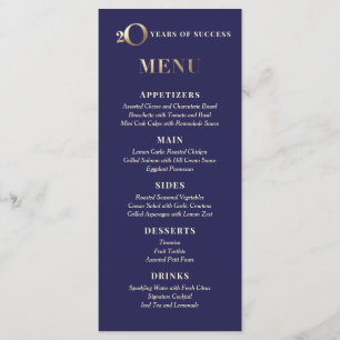Carte de menu de dîner d'anniversaire des 20 ans d