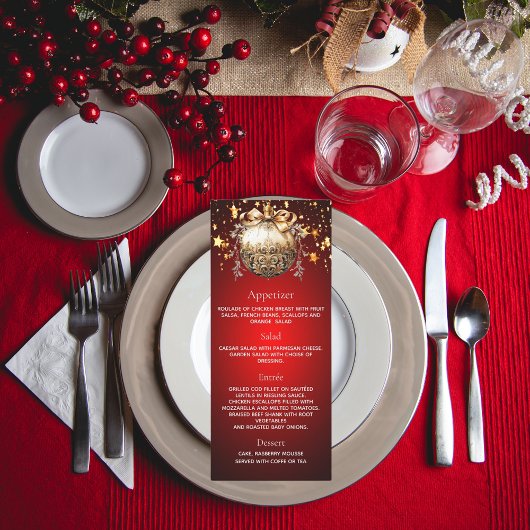 carte de menu de dîner de fête de Noël rouge or