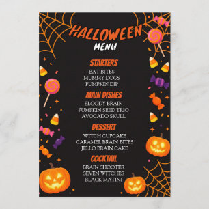 Carte de menu de dîner de fête d'Halloween avec bo