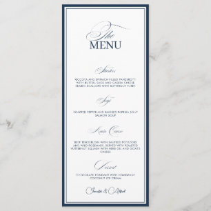Carte de menu de dîner de mariage bleu marine chic