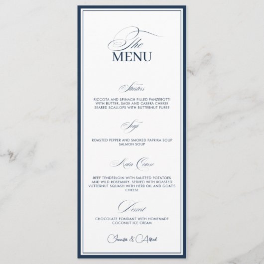 Carte de menu de dîner de mariage bleu marine chic (Devant)