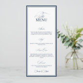 Carte de menu de dîner de mariage bleu marine chic (Debout devant)