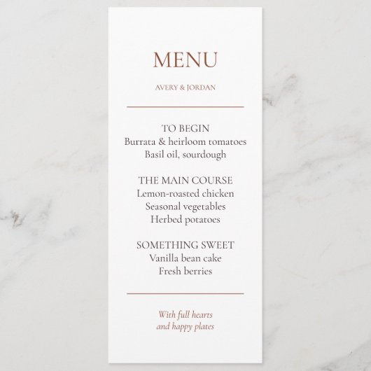 Carte de menu de dîner de mariage éditable Copper (Devant)