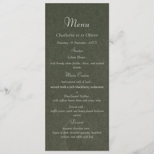 Carte de Menu de Dîner de Mariage Élégant Vert Sau (Devant)