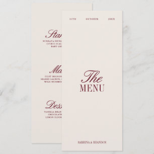 Carte de menu de dîner de mariage élégante bordeau