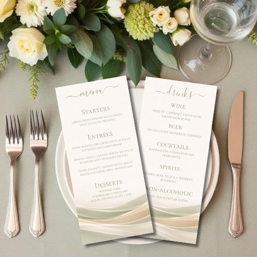 Carte de menu de dîner de mariage et de bar vert s