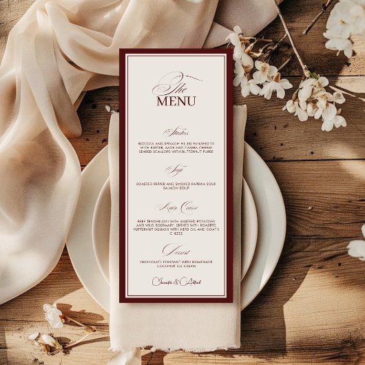 Carte de Menu de Dîner de Mariage Rouge Élégant à