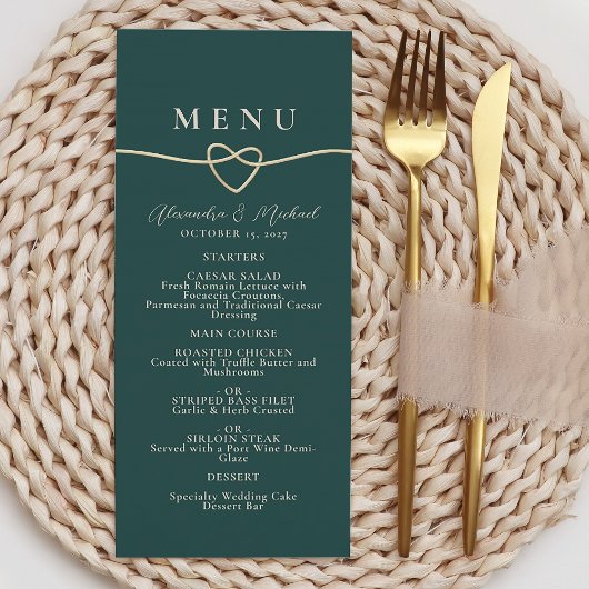Carte de menu de dîner de mariage vert émeraude