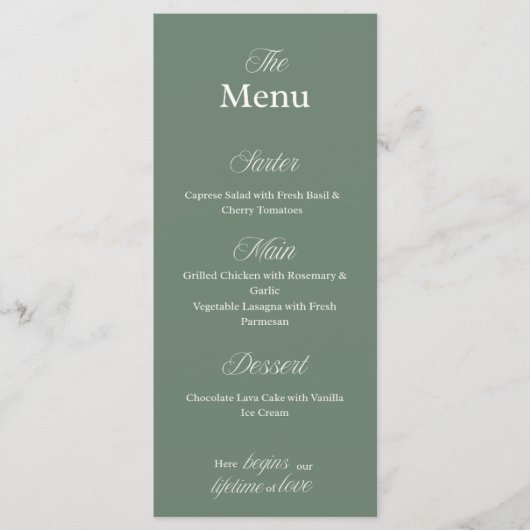 Carte de menu de dîner de mariage vert olive (Devant)