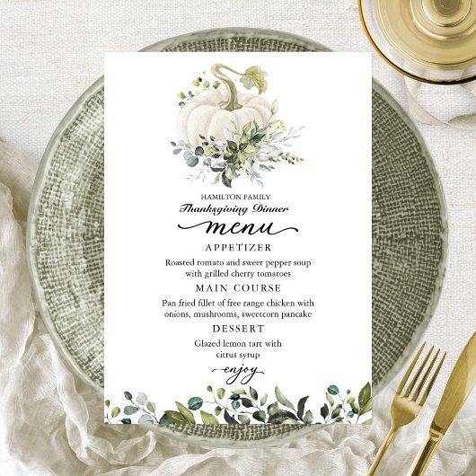 Carte de menu de dîner de Thanksgiving Citrouille