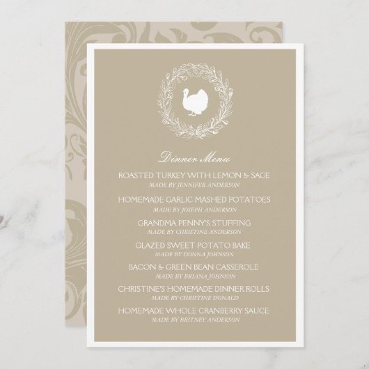 Carte de menu de dîner de thanksgiving de (Devant / Derrière)