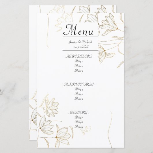 Carte de menu de dîner Fleur d'Or (Devant / Derrière)