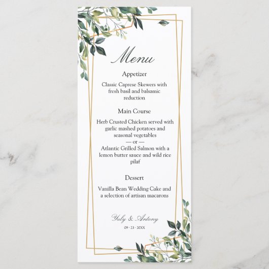 Carte de menu de dîner or imprimé à la verdure sop (Devant)